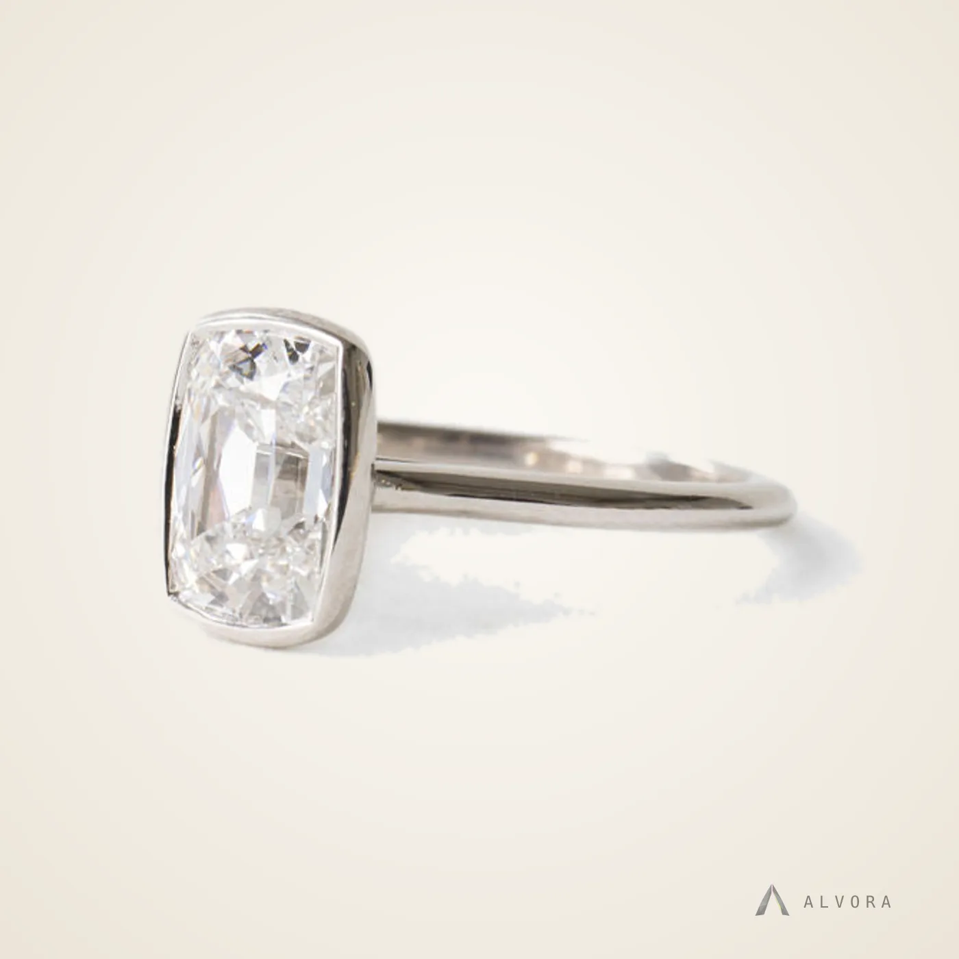 Nerida Elongated Cushion Bezel, elongated cushion bezel lab-grown diamond engagement ring
