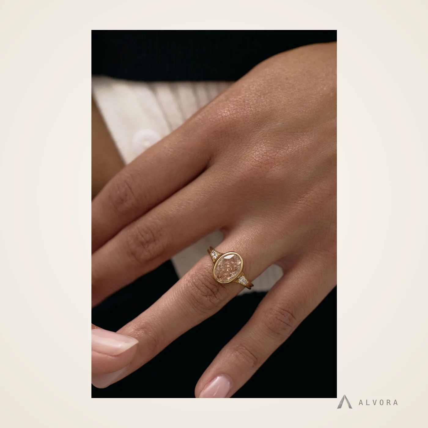 Saskia Champagne Oval Solitaire, oval solitaire lab-grown diamond engagement ring
