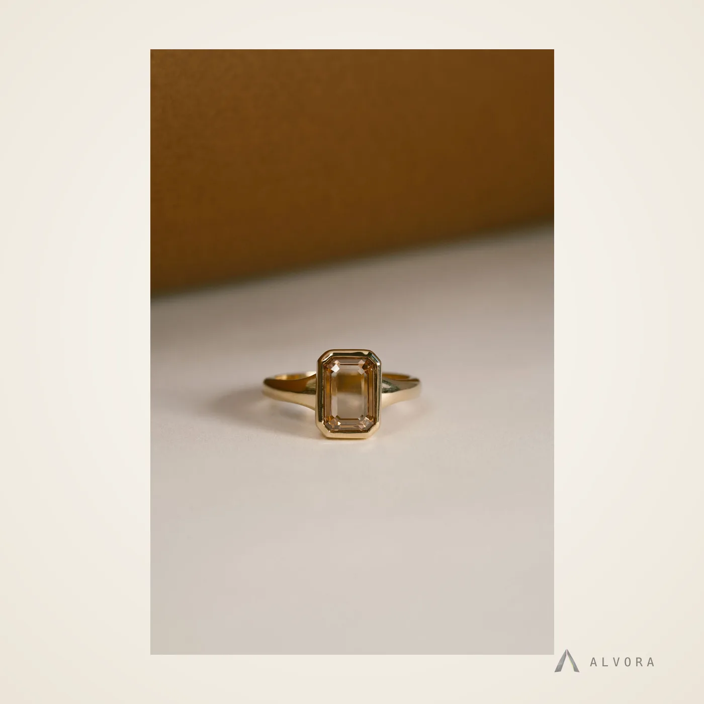 Tamsin Champagne Emerald Solitaire, emerald solitaire lab-grown diamond engagement ring