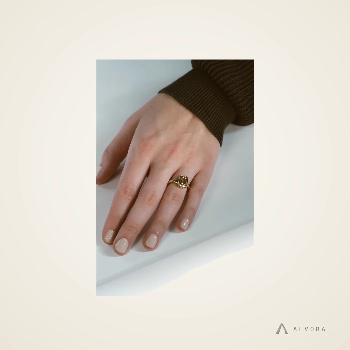 Tamsin Champagne Emerald Solitaire, emerald solitaire lab-grown diamond engagement ring
