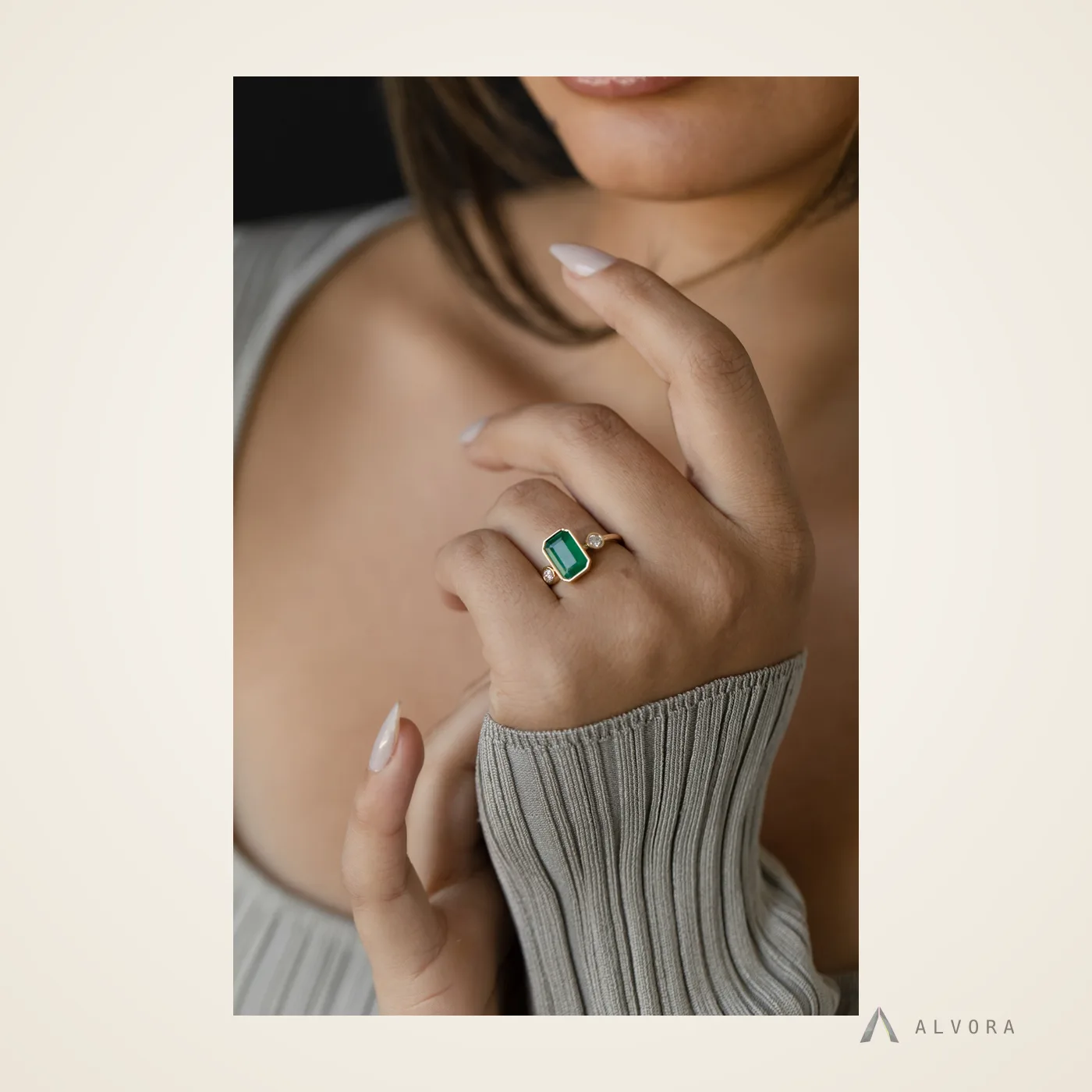 Ione Emerald Solitaire, emerald solitaire lab-grown diamond engagement ring