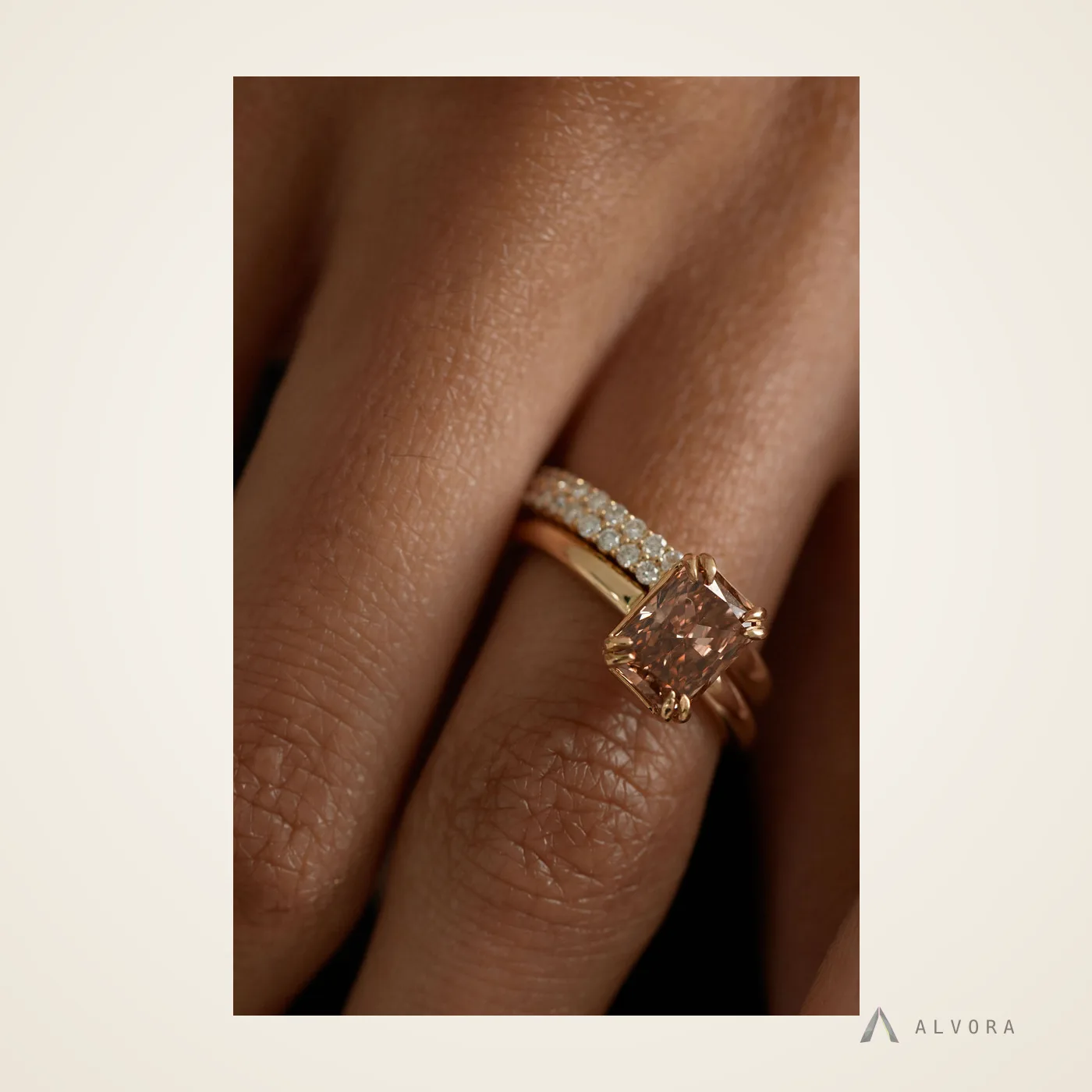 Linnea Champagne Radiant Solitaire, radiant solitaire lab-grown diamond engagement ring