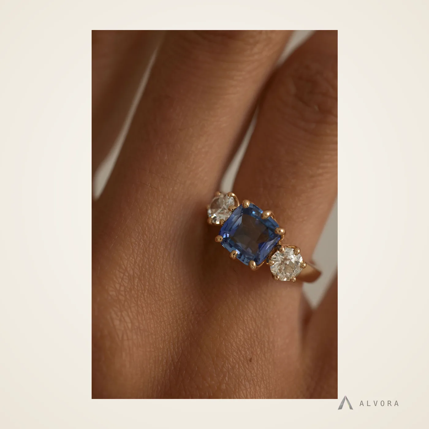 Aisling Blue Three Stone, three stone lab-grown diamond engagement ring