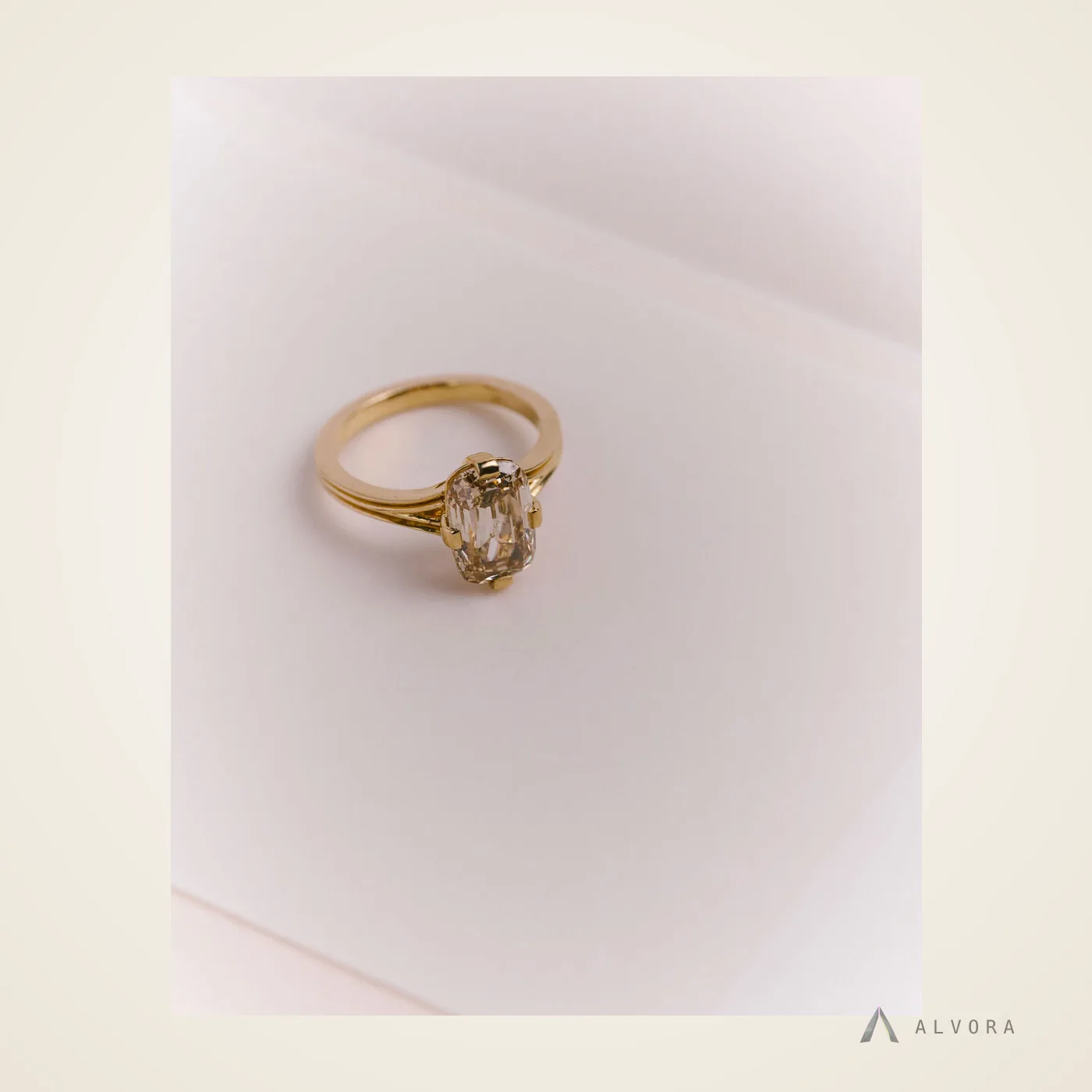 Alethea Champagne Elongated Cushion Solitaire, elongated cushion solitaire lab-grown diamond engagement ring