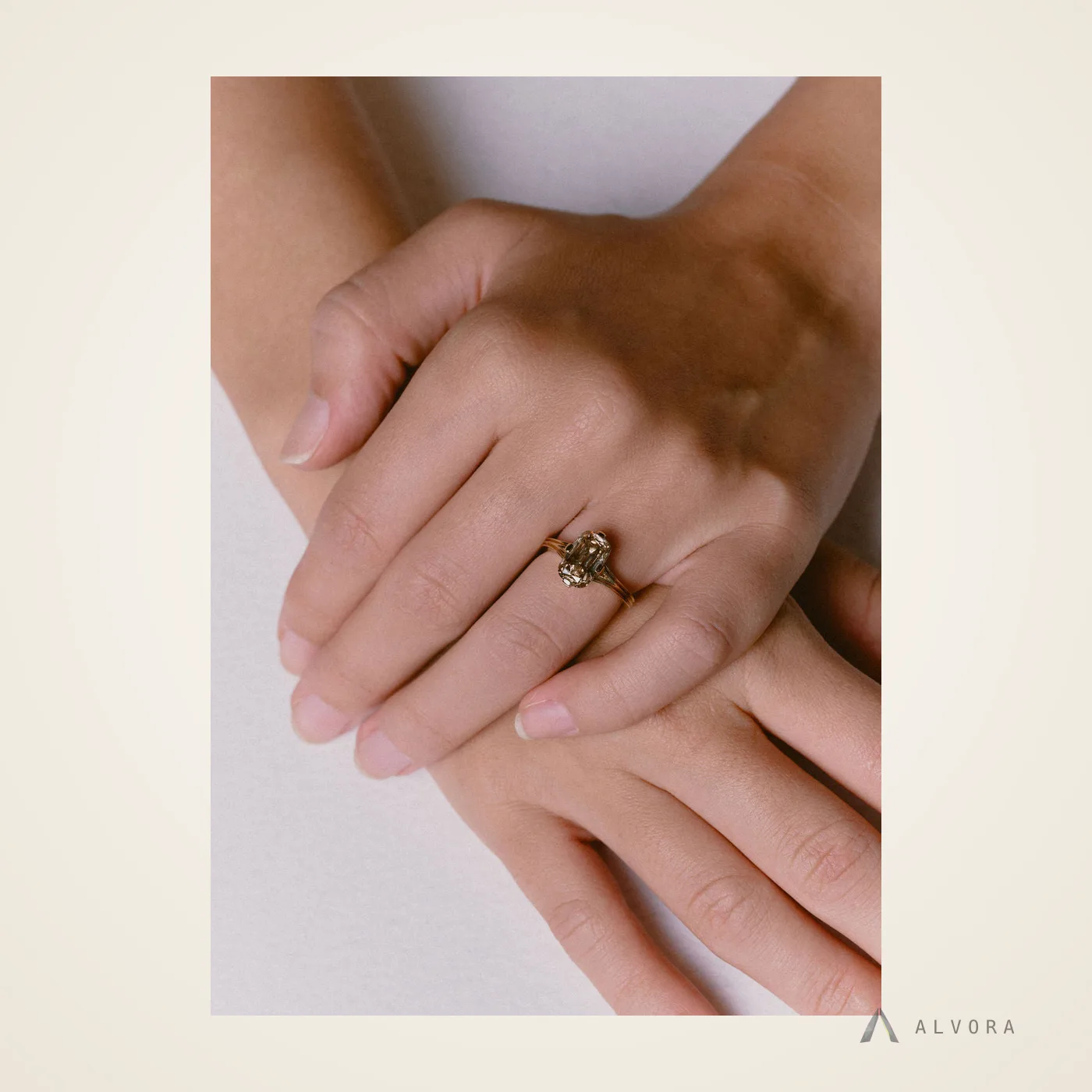 Alethea Champagne Elongated Cushion Solitaire, elongated cushion solitaire lab-grown diamond engagement ring