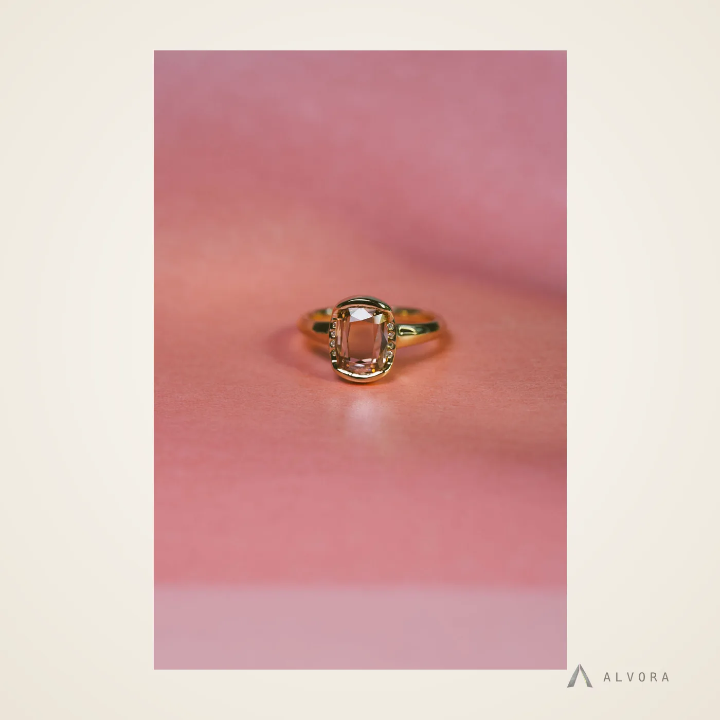 Jora Champagne Cushion Solitaire, cushion solitaire lab-grown diamond engagement ring