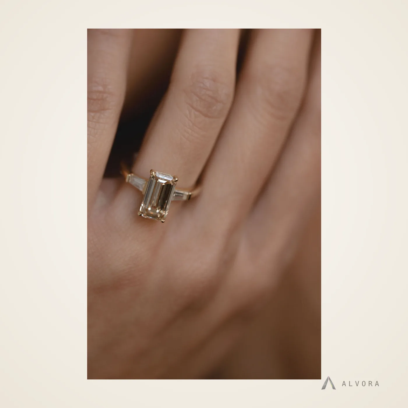 Amandine Champagne Emerald Three Stone, emerald three stone lab-grown diamond engagement ring