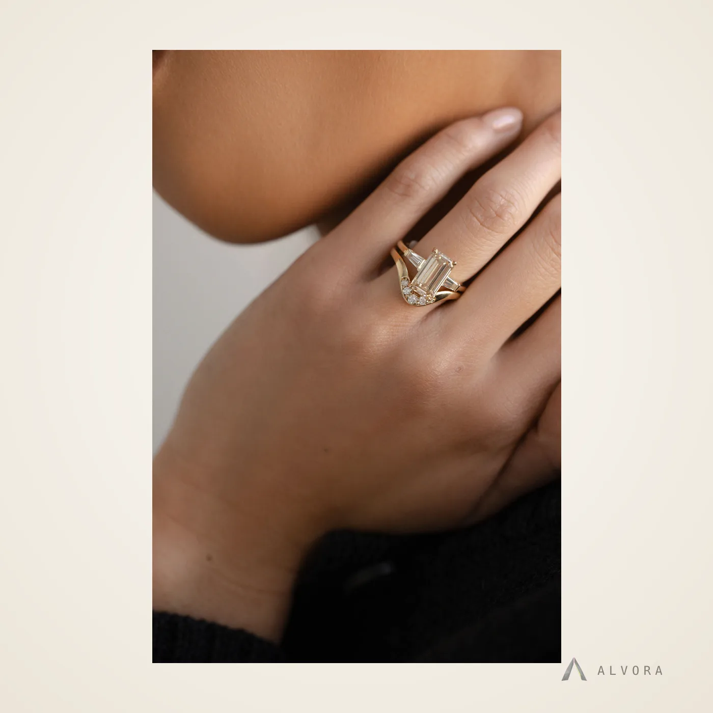Aurore Champagne Emerald Three Stone, emerald three stone lab-grown diamond engagement ring
