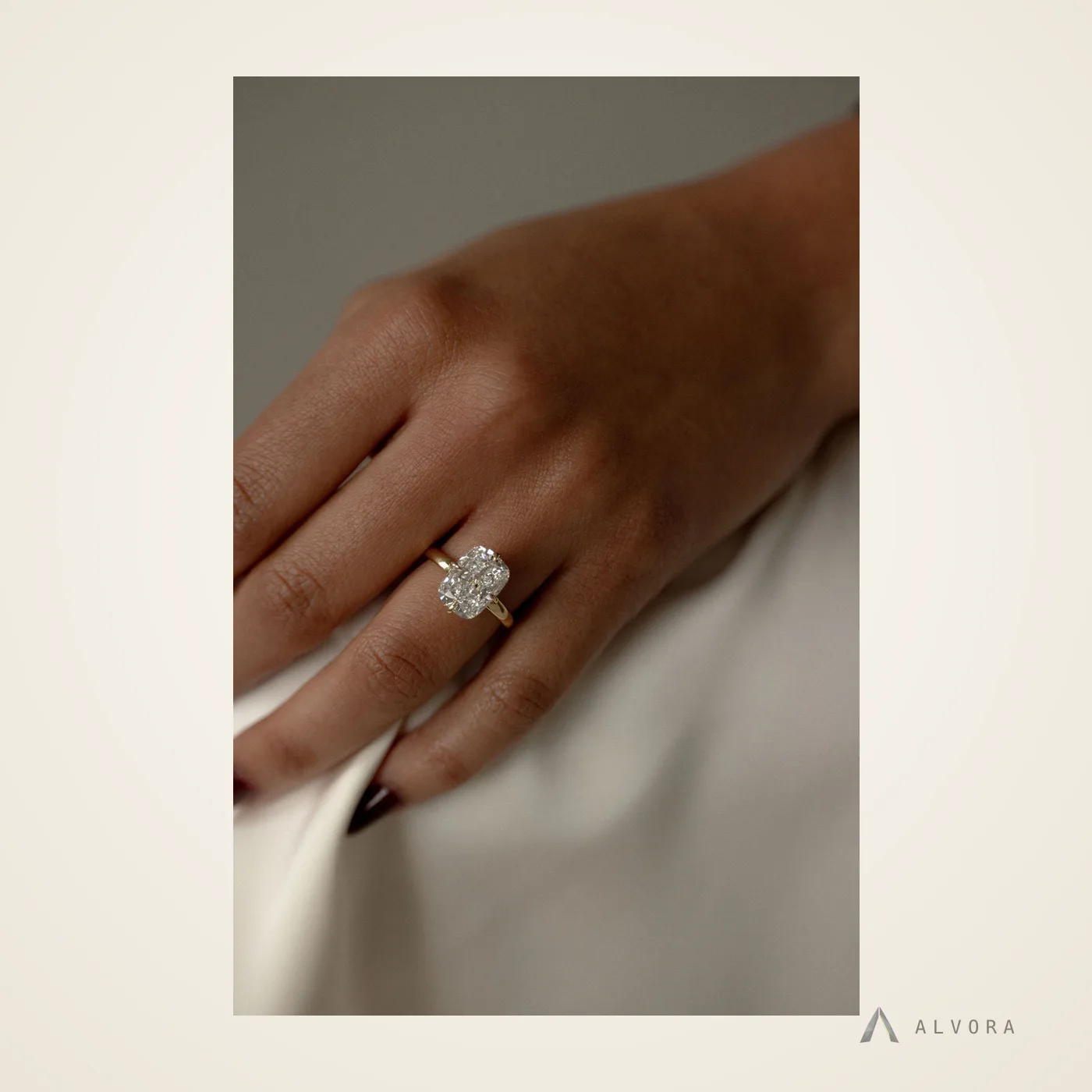 Demetria Elongated Cushion Solitaire, elongated cushion solitaire lab-grown diamond engagement ring