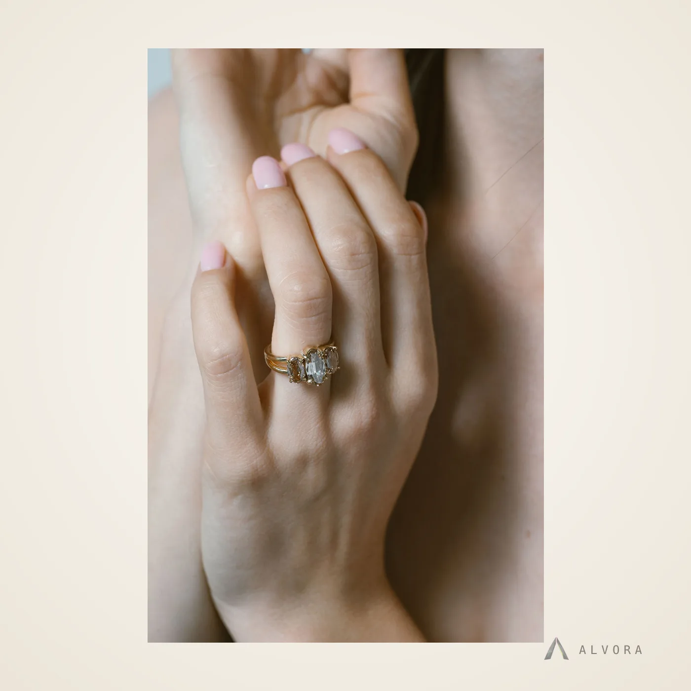 Giacinta Champagne Three Stone, three stone lab-grown diamond engagement ring