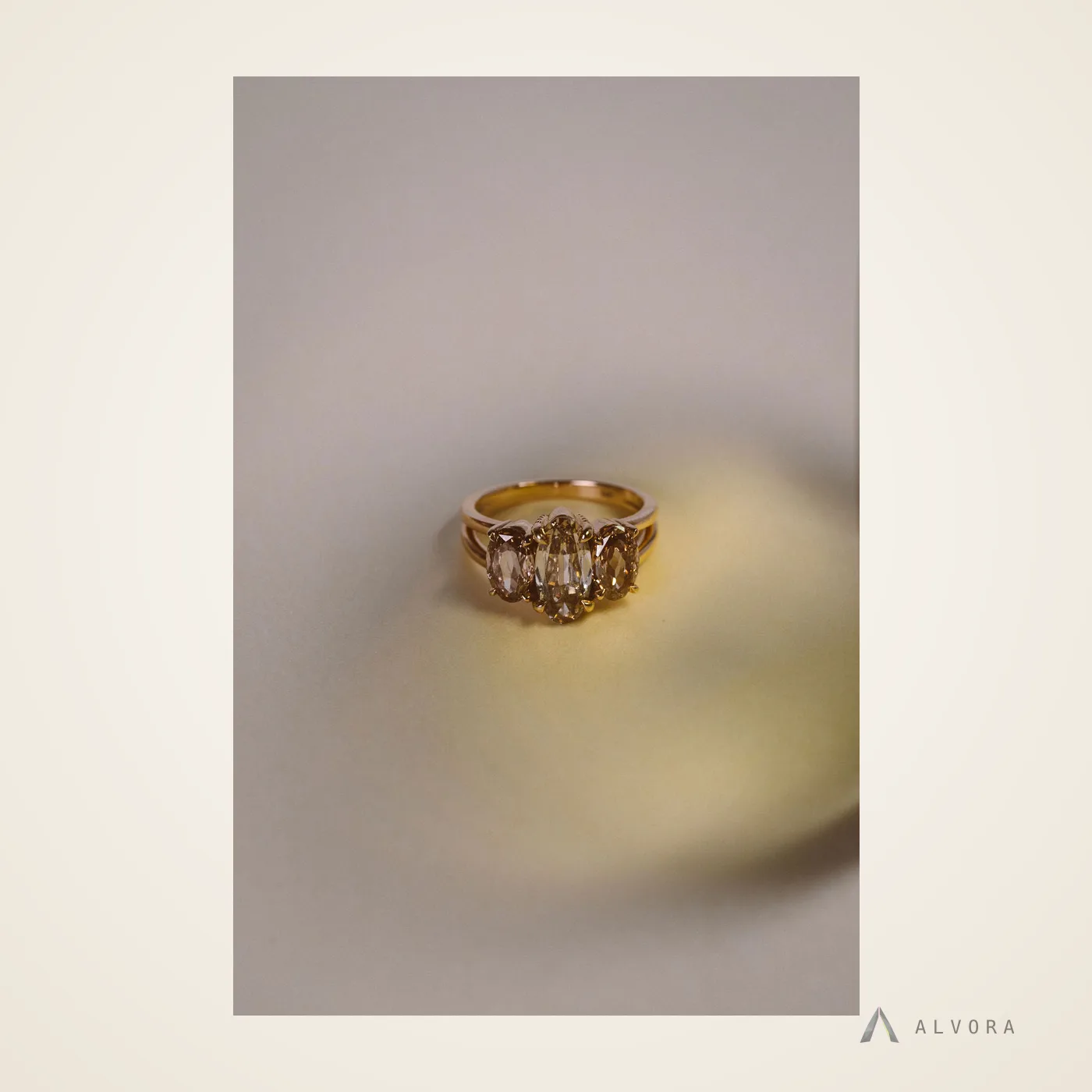 Giacinta Champagne Three Stone, three stone lab-grown diamond engagement ring