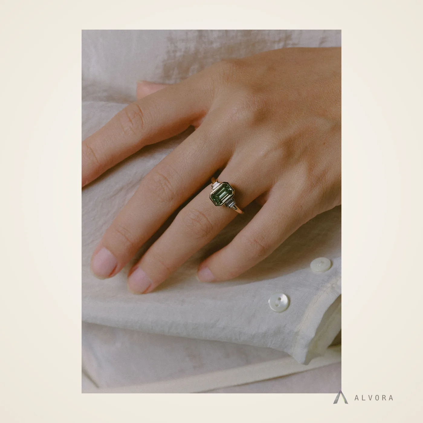 Irina Green Solitaire, solitaire lab-grown diamond engagement ring