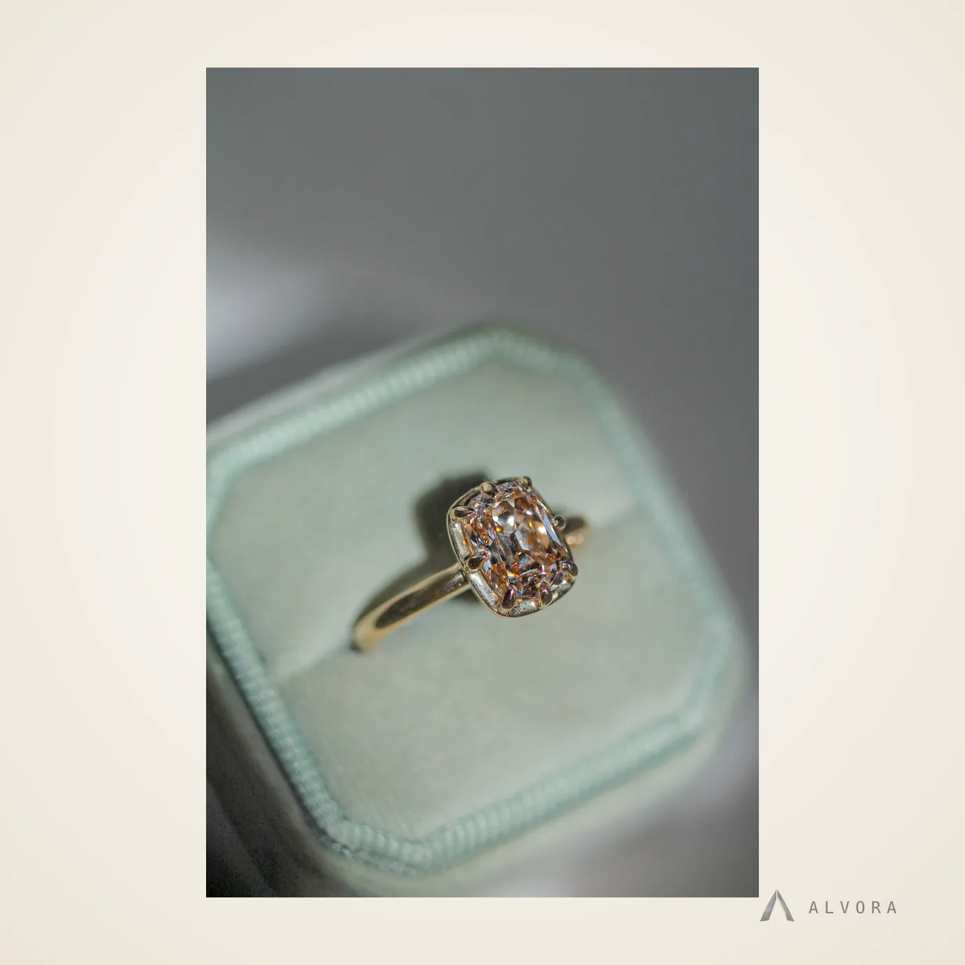 Hannelore Champagne Cushion Solitaire, cushion solitaire lab-grown diamond engagement ring
