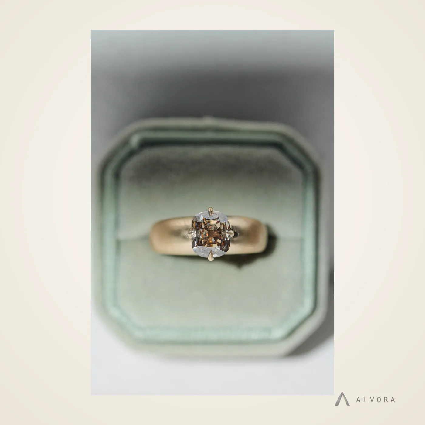 Lorelle Champagne Cushion Solitaire, cushion solitaire lab-grown diamond engagement ring
