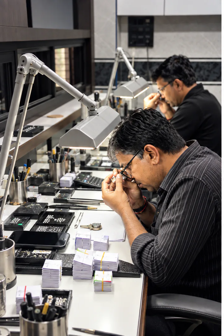 Loupe inspection, grading bench, Surat.