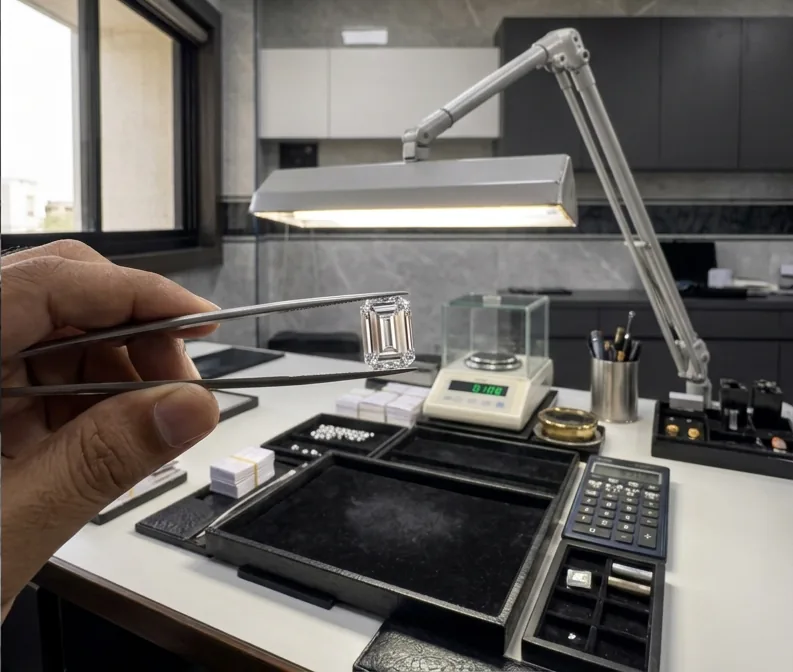 Emerald cut in tweezers under the bench lamp.